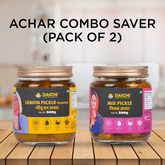 Homemade Achar Combo Saver Pack | Lemon Khatta + Mix Pickle | Cured in Cold-Pressed Mustard Oil | No Preservatives (Pack of 2)